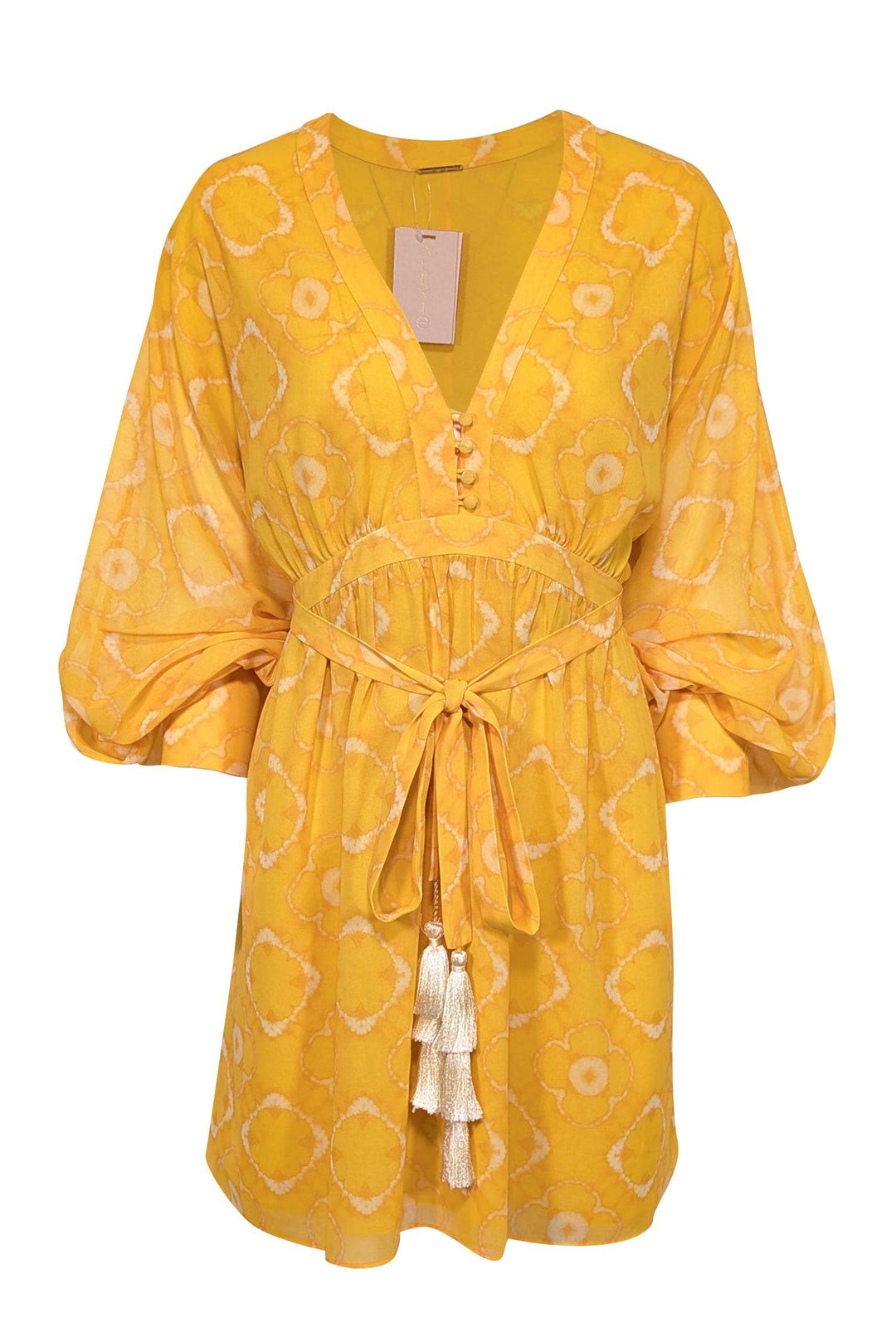 Alexis - Yellow Tie Dye Print Chiffon Dress w/ Tassel Tie Sz L