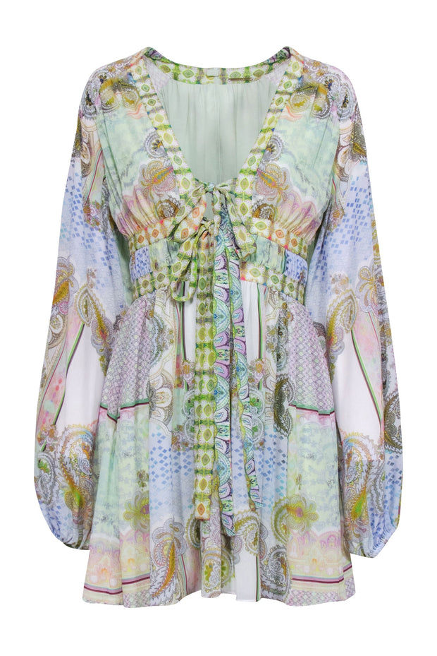 Current Boutique-Alexis - Sage Multicolor Paisley Print Tie Front Mini Dress Sz S
