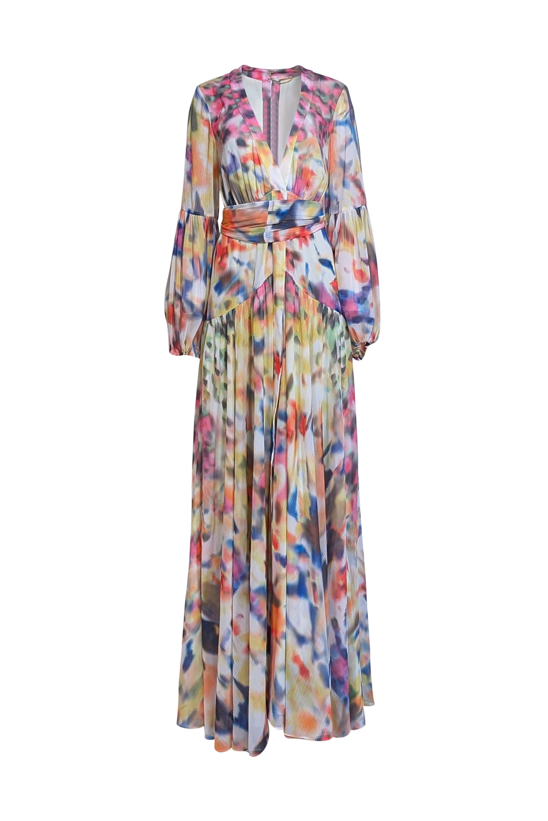Alexis - Multicolor Print Chiffon Blouson Sleeve Maxi Dress Sz L