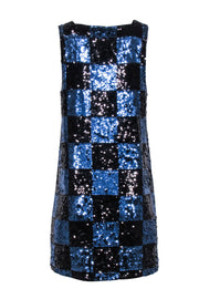 Current Boutique-Alice & Olivia - Black & Navy Check Patterned Sequin Mini Dress Sz M