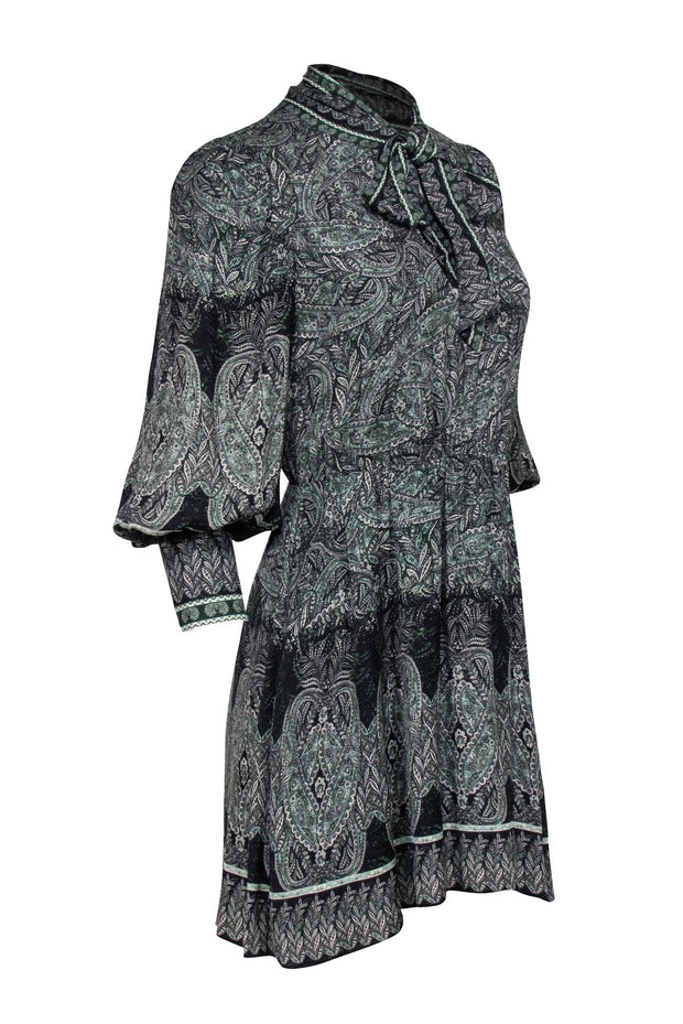 Alice & Olivia - Green Paisley Print Mini Dress w/ Neck Tie Sz 4 Alice & Olivia - Green Paisley Print Mini Dress w/ Neck Tie Sz 4