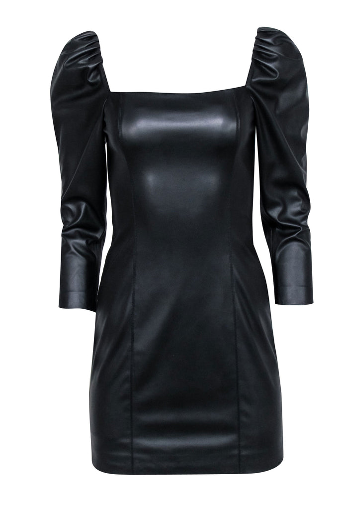 chinese dress ladies Alice + Olivia Frances Vegan Leather Puff Sleeve Mini Dress Black 4