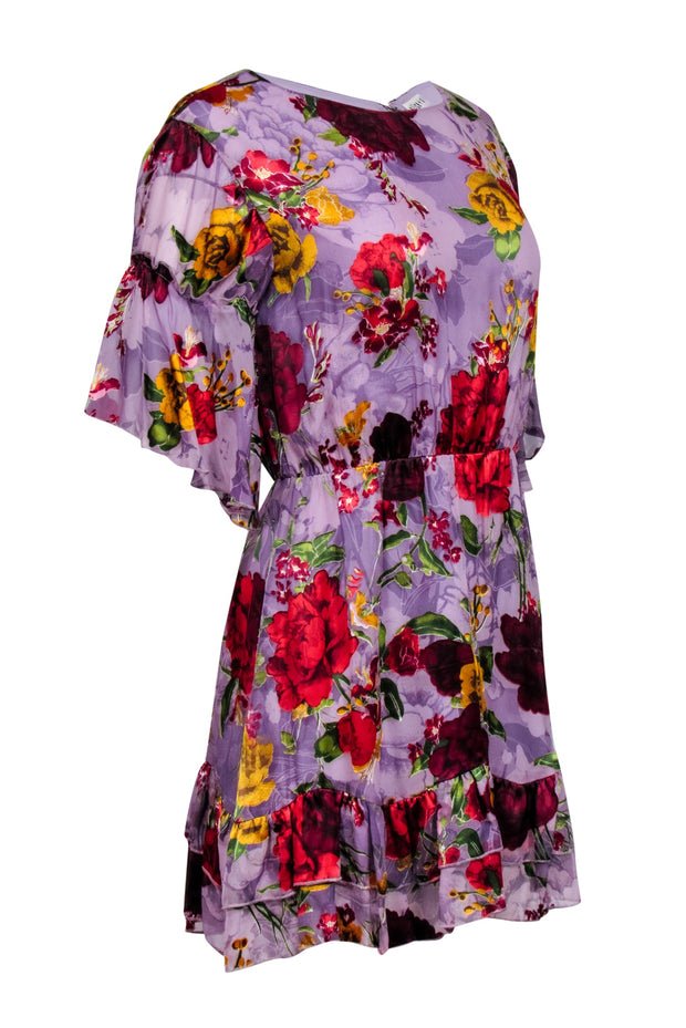 Alice & Olivia - Purple w/ Multicolor Burnout Floral Print Ruffled Min Alice & Olivia - Purple w/ Multicolor Burnout Floral Print Ruffled Min