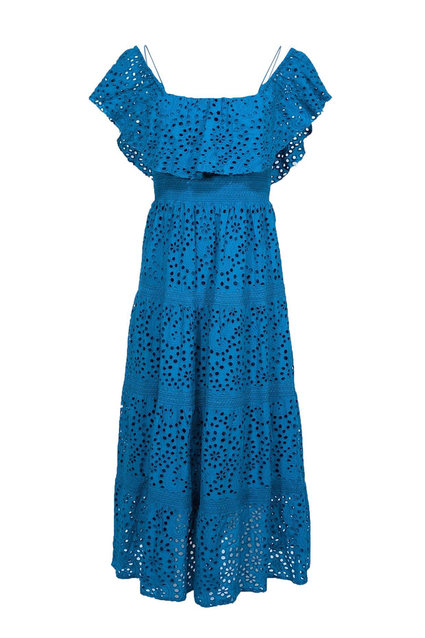 Alice & Olivia - Blue Floral Eyelet Off-the-Shoulder Midi Dress Sz S Alice & Olivia - Blue Floral Eyelet Off-the-Shoulder Midi Dress Sz S