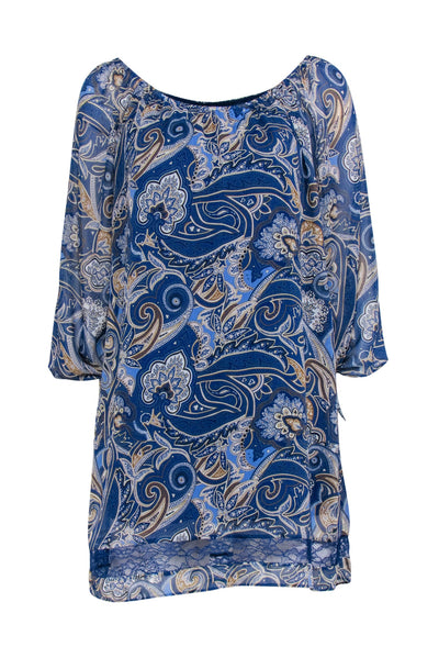 Current Boutique-Alice & Olivia - Blue & Beige Paisley Print Off The Shoulder Dress Sz XS