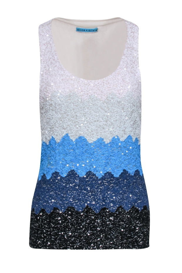 Current Boutique-Alice & Olivia - White, Blue, & Black Color Block Sequin Sleeveless Top Sz M