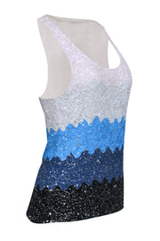 Current Boutique-Alice & Olivia - White, Blue, & Black Color Block Sequin Sleeveless Top Sz M