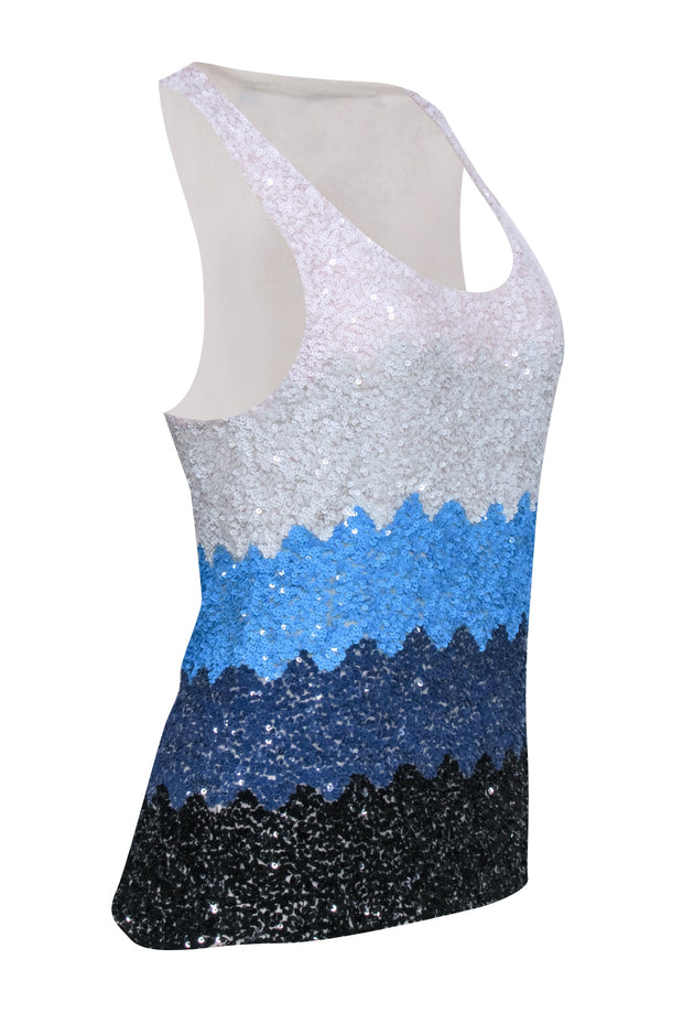 Current Boutique-Alice & Olivia - White, Blue, & Black Color Block Sequin Sleeveless Top Sz M