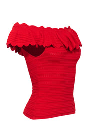 Current Boutique-Alice & Olivia - Red Knit Off The Shoulder Rib Top w/ Ruffles Sz S
