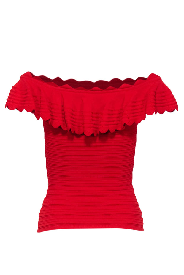 Current Boutique-Alice & Olivia - Red Knit Off The Shoulder Rib Top w/ Ruffles Sz S
