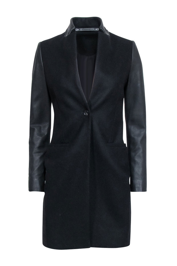 All Saints - Black Wool Blend Coat w/ Lamb Leather Sleeves & Collar Sz All Saints - Black Wool Blend Coat w/ Lamb Leather Sleeves & Collar Sz