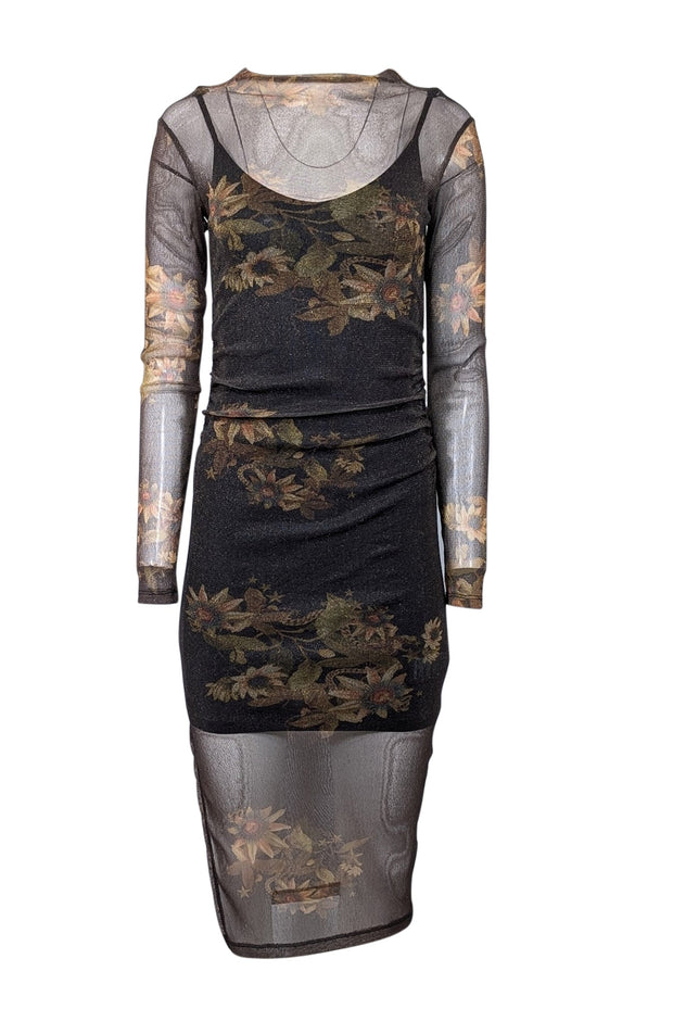 All Saints - Black & Gold Shimmering Floral Print Sheer Bodycon Dress All Saints - Black & Gold Shimmering Floral Print Sheer Bodycon Dress
