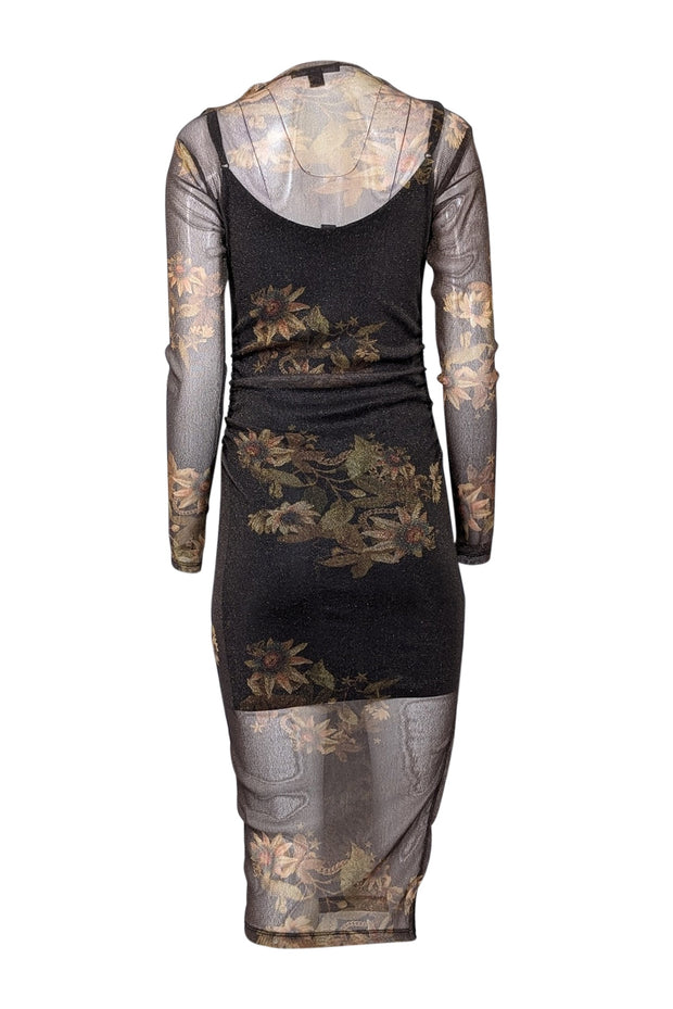 All Saints - Black & Gold Shimmering Floral Print Sheer Bodycon Dress All Saints - Black & Gold Shimmering Floral Print Sheer Bodycon Dress