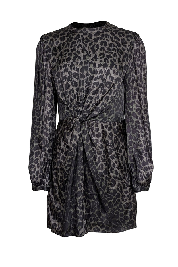 All Saints - Dark Green & Black Leopard Print Gathered Satin Dress Sz All Saints - Dark Green & Black Leopard Print Gathered Satin Dress Sz