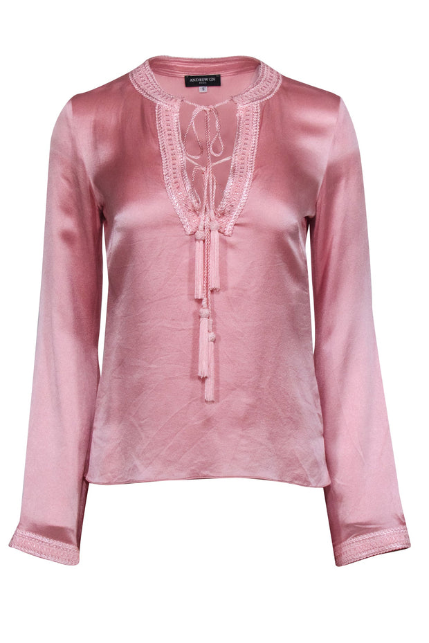 Current Boutique-Andrew GN - Pink Silk Long Sleeve Blouse Sz S