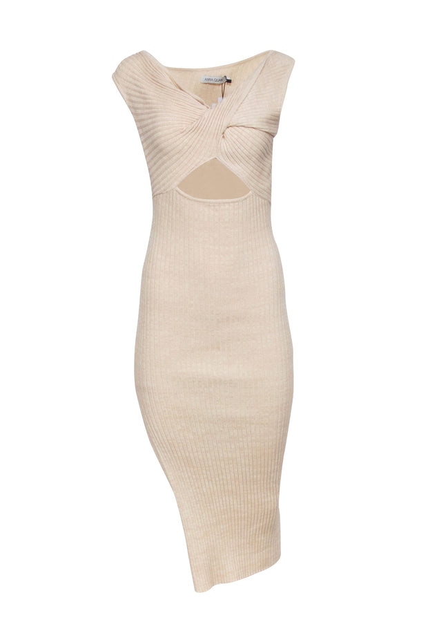 Anna Quan - Beige Ribbed Knit Dress w/ Twisted Asymmetric Neckline Sz 4 Anna Quan - Beige Ribbed Knit Dress w/ Twisted Asymmetric Neckline Sz 4