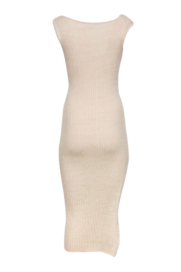 Anna Quan - Beige Ribbed Knit Dress w/ Twisted Asymmetric Neckline Sz 4 Anna Quan - Beige Ribbed Knit Dress w/ Twisted Asymmetric Neckline Sz 4