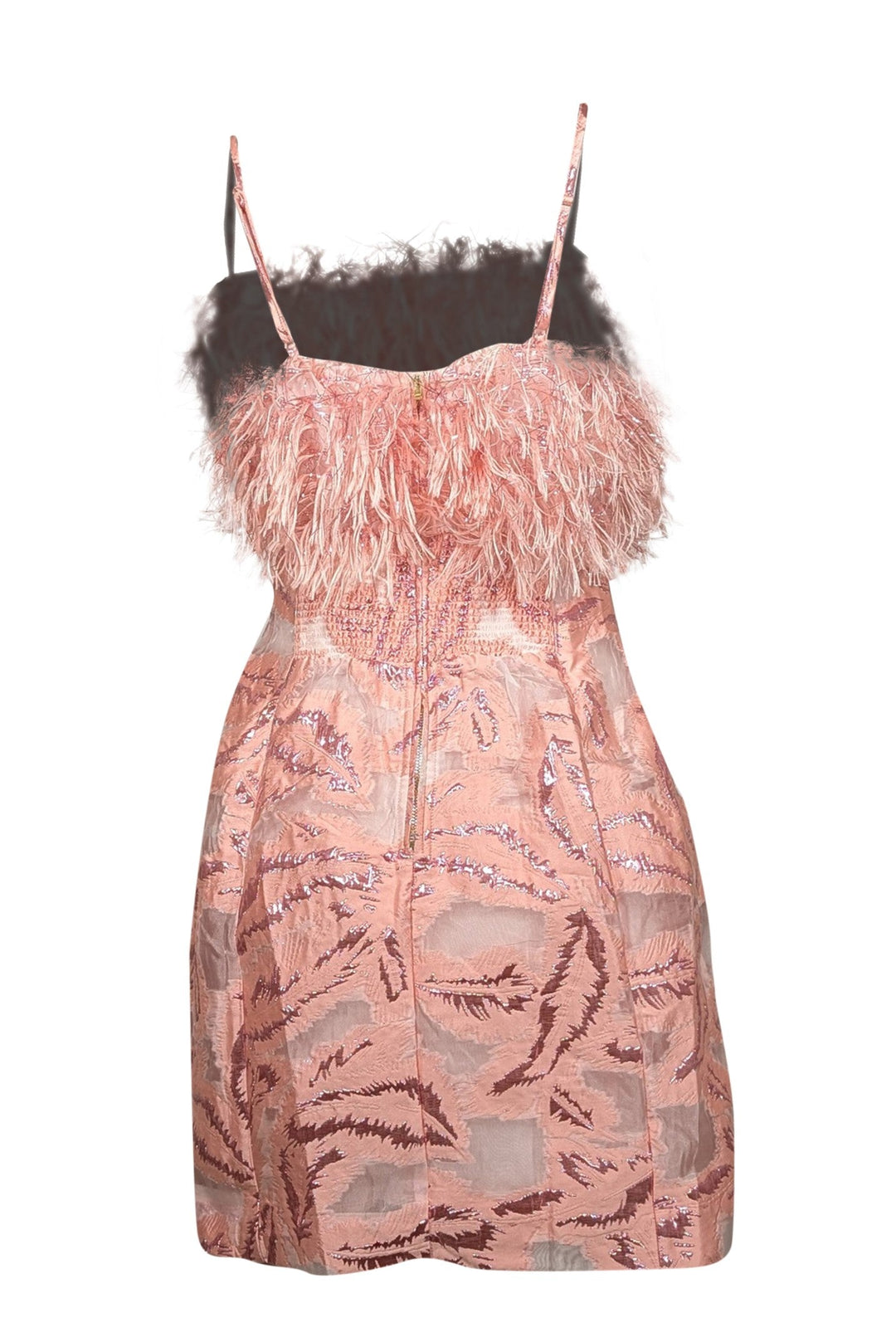 Anthropologie - Pink & Metallic Brocade Sleeveless Feather Trimmed Dress Sz  M