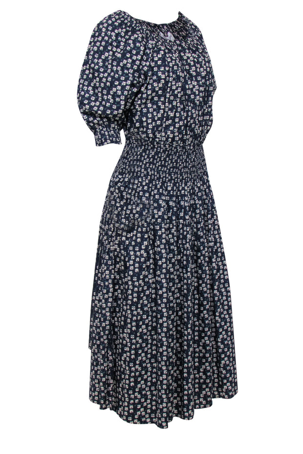 Apiece Apart - Navy, Cream, & Green Block Print Button Front Smocked Waist Dress Sz XL Apiece Apart - Navy, Cream, & Green Block Print Button Front Smocked Waist Dress Sz XL