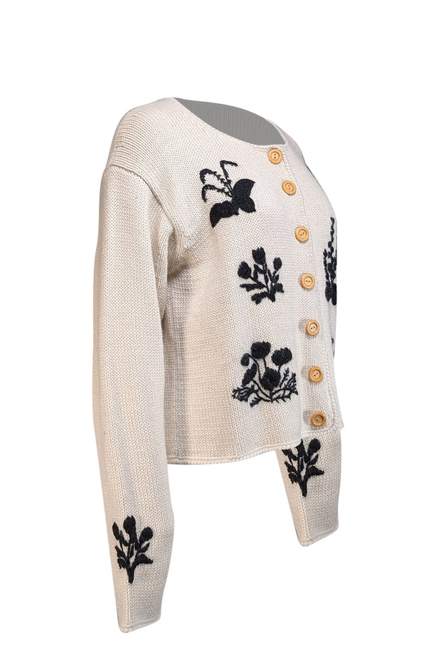 Current Boutique-Batsheva - Cream Alpaca Wool Cardigan w/ Navy Floral Embroidery Sz L
