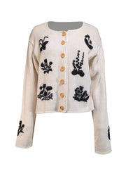 Current Boutique-Batsheva - Cream Alpaca Wool Cardigan w/ Navy Floral Embroidery Sz L