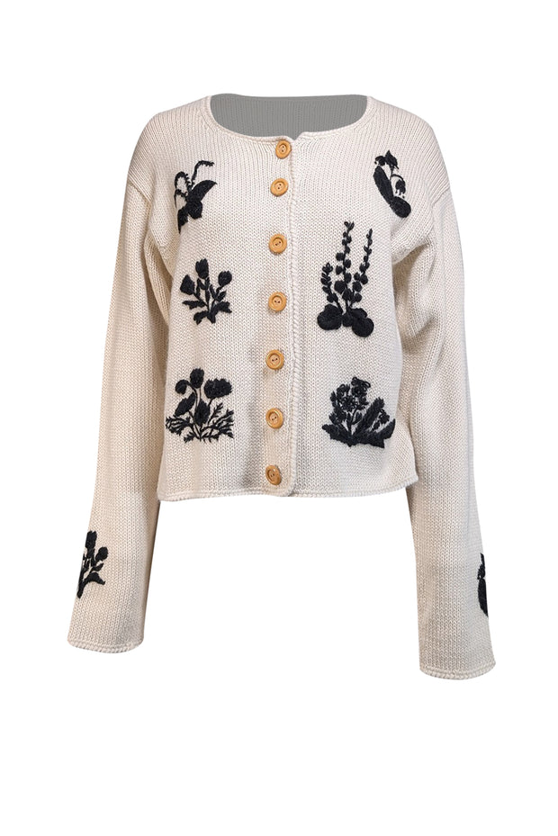 Current Boutique-Batsheva - Cream Alpaca Wool Cardigan w/ Navy Floral Embroidery Sz L