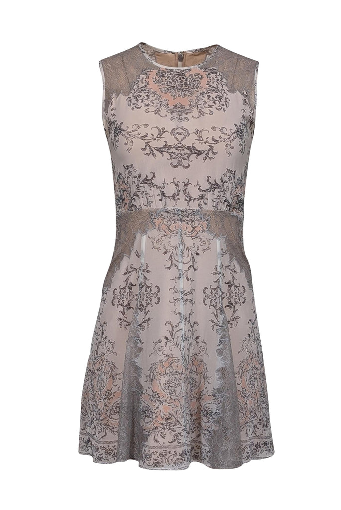 BCBG Max Azria - Cream w/ Pink & Grey Paisley Print Lace Trimmed Dress BCBG Max Azria - Cream w/ Pink & Grey Paisley Print Lace Trimmed Dress