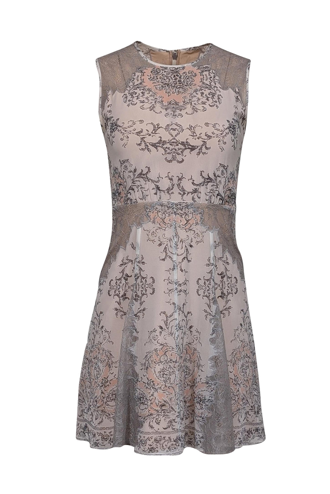 BCBG Max Azria - Cream w/ Pink & Grey Paisley Print Lace Trimmed Dress