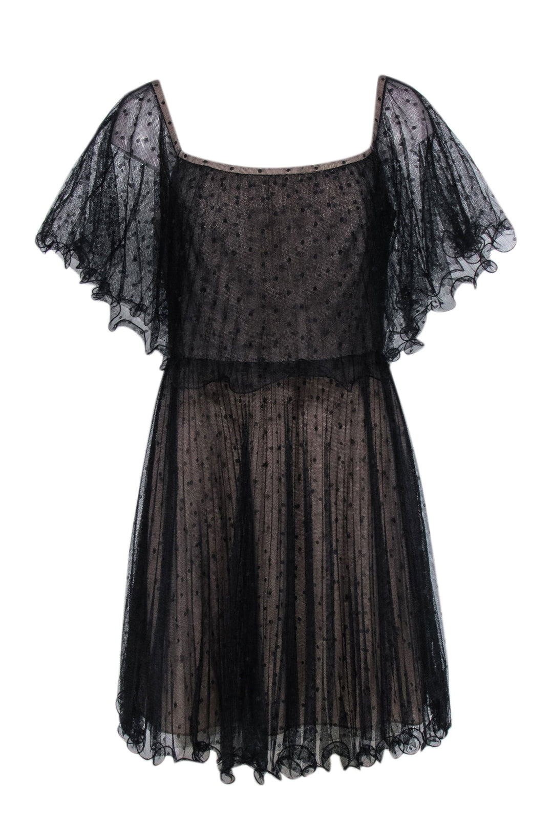 BCBG Max Azria - Black Mesh Off the Shoulder Polka Dot Mini Dress Sz 1 BCBG Max Azria - Black Mesh Off the Shoulder Polka Dot Mini Dress Sz 1