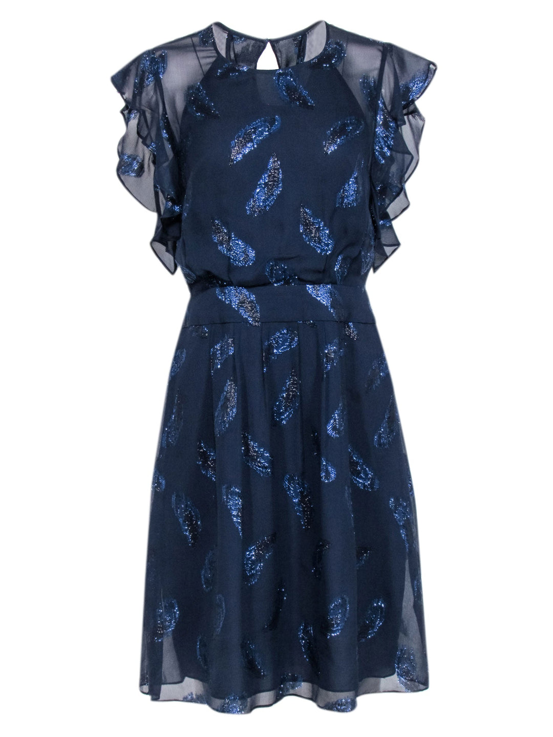 BCBG Max Azria - Navy Blue Flutter Sleeve Dress w/ Metallic Feather Pr BCBG Max Azria - Navy Blue Flutter Sleeve Dress w/ Metallic Feather Pr
