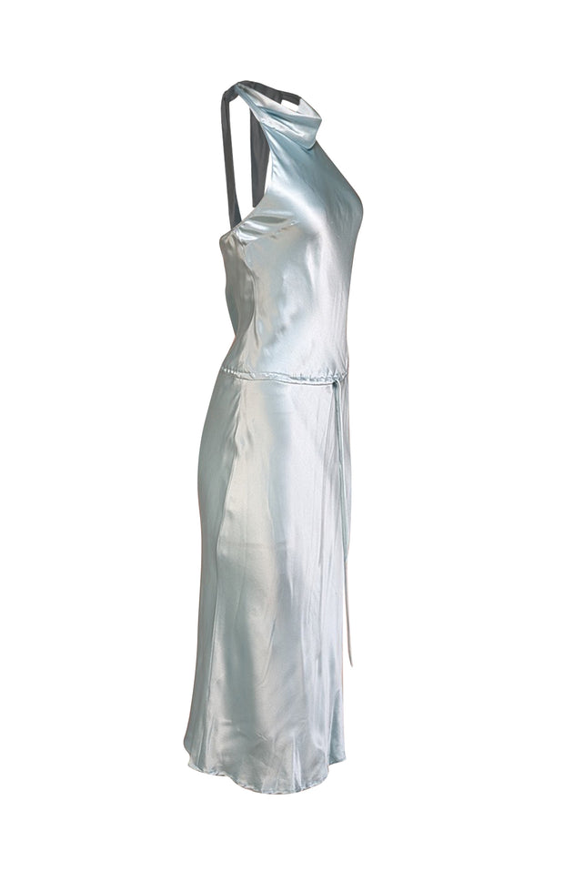 bcbg blue halter dress Fab! BCBG MAXAZRIA blue SATIN RUFFLE LAYERED HALTER DRESS sz 2 BEADED SILK SEXY!