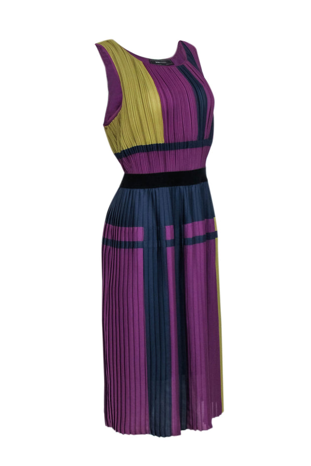 Current Boutique-BCBG Max Azria - Purple Color Block Accordion Pleated Sleeveless Dress Sz L