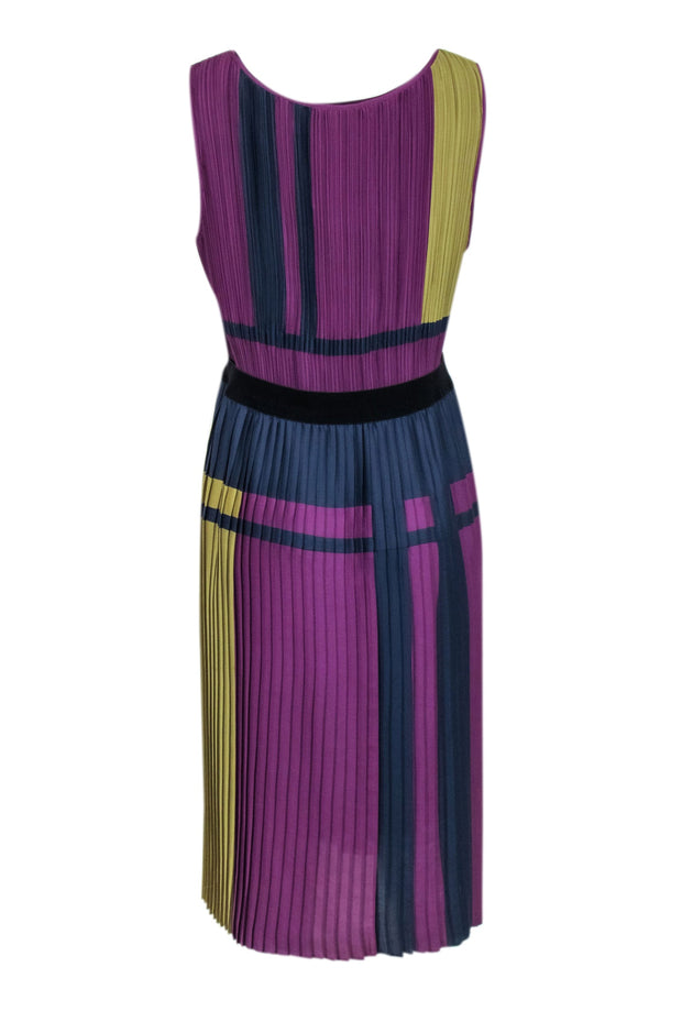 Current Boutique-BCBG Max Azria - Purple Color Block Accordion Pleated Sleeveless Dress Sz L