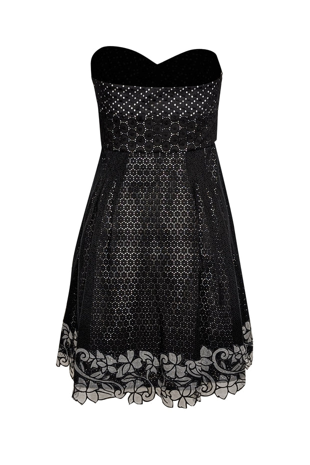 BCBG Max Azria - Black Eyelet Strapless Floral Detail Hem Dress Sz 4 BCBG Max Azria - Black Eyelet Strapless Floral Detail Hem Dress Sz 4