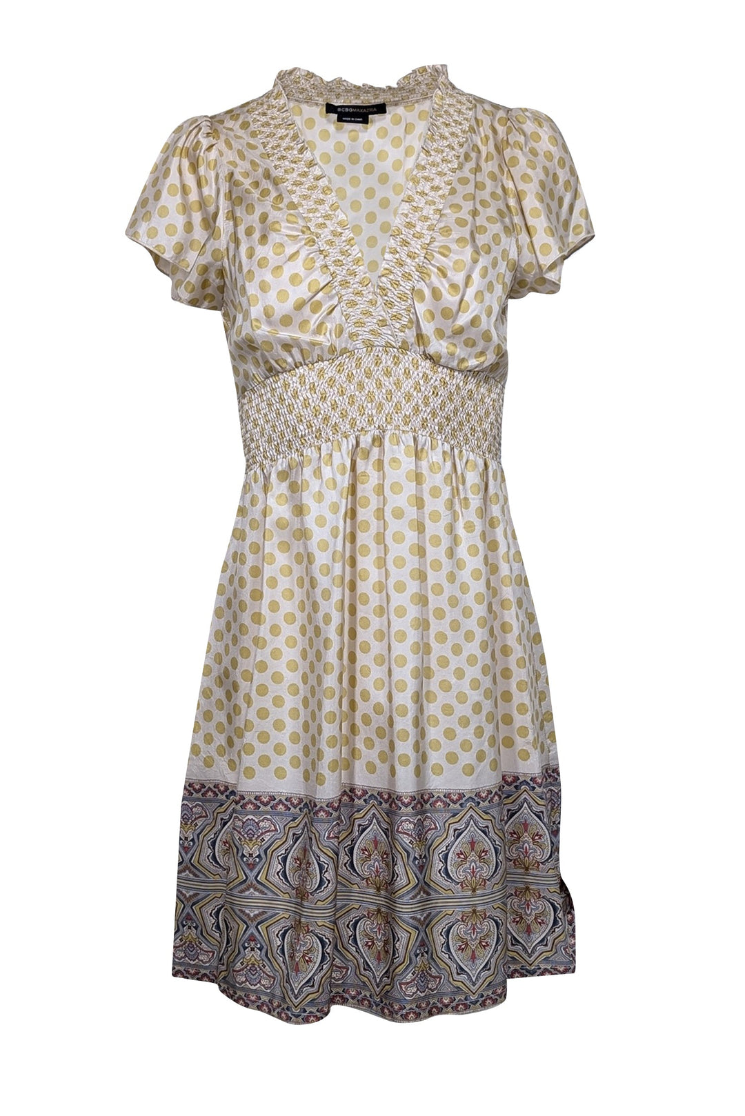 BCBG Max Azria - Ivory & Green Polka Dot Print Smocked Waist Dress Sz BCBG Max Azria - Ivory & Green Polka Dot Print Smocked Waist Dress Sz