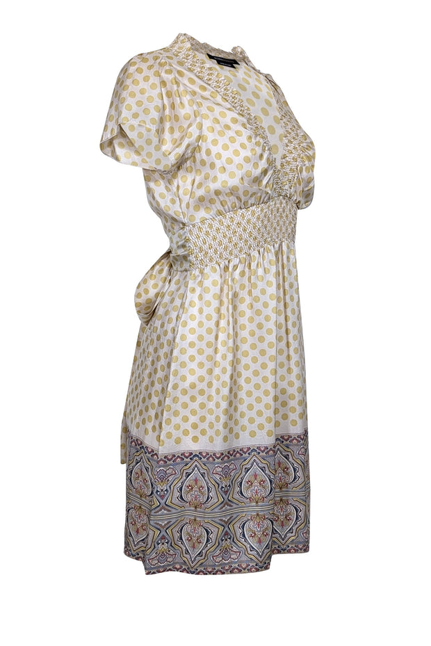 BCBG Max Azria - Ivory & Green Polka Dot Print Smocked Waist Dress Sz BCBG Max Azria - Ivory & Green Polka Dot Print Smocked Waist Dress Sz