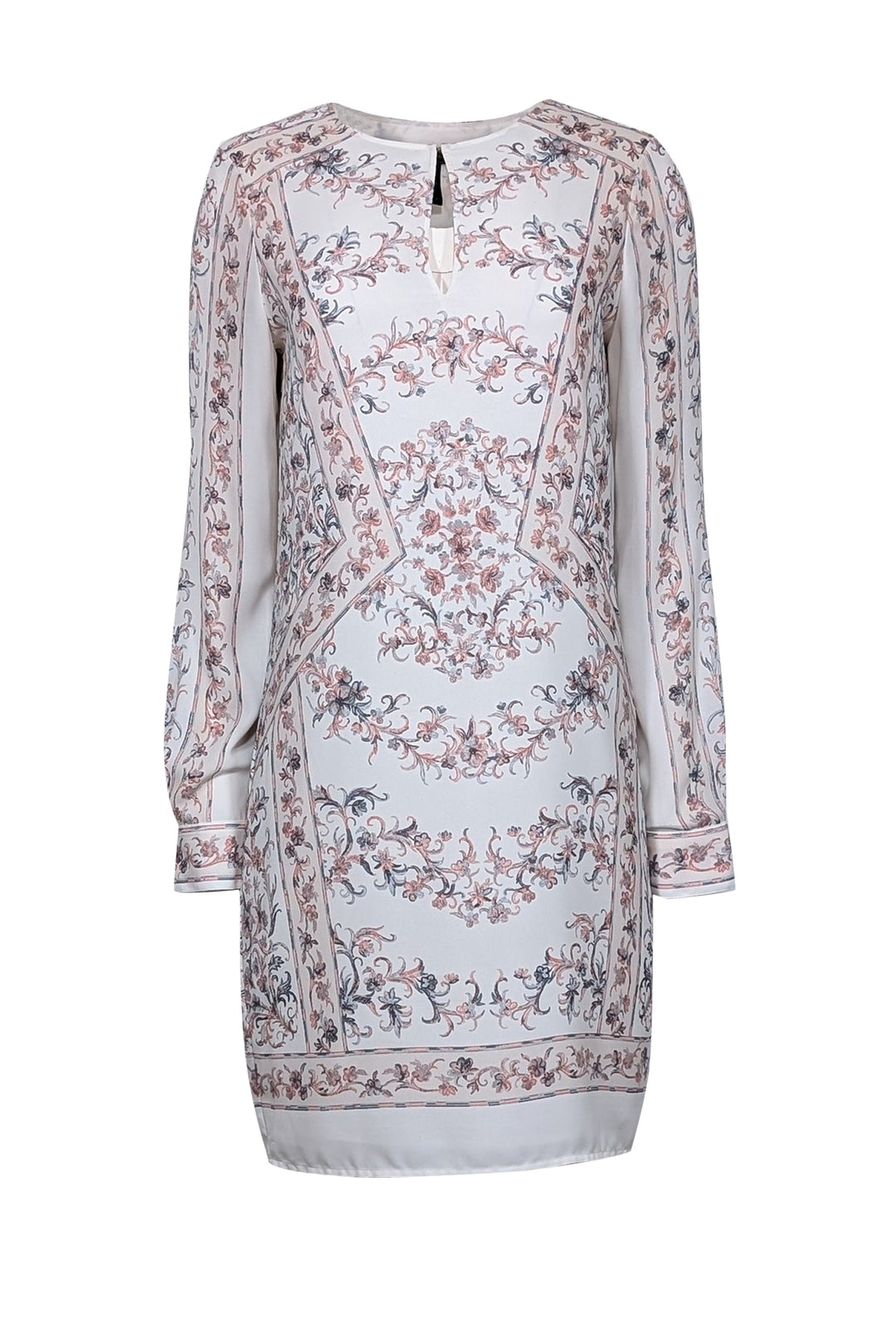 BCBG Max Azria - White Long Sleeve w/ Pink & Grey Floral Print Dress Sz S