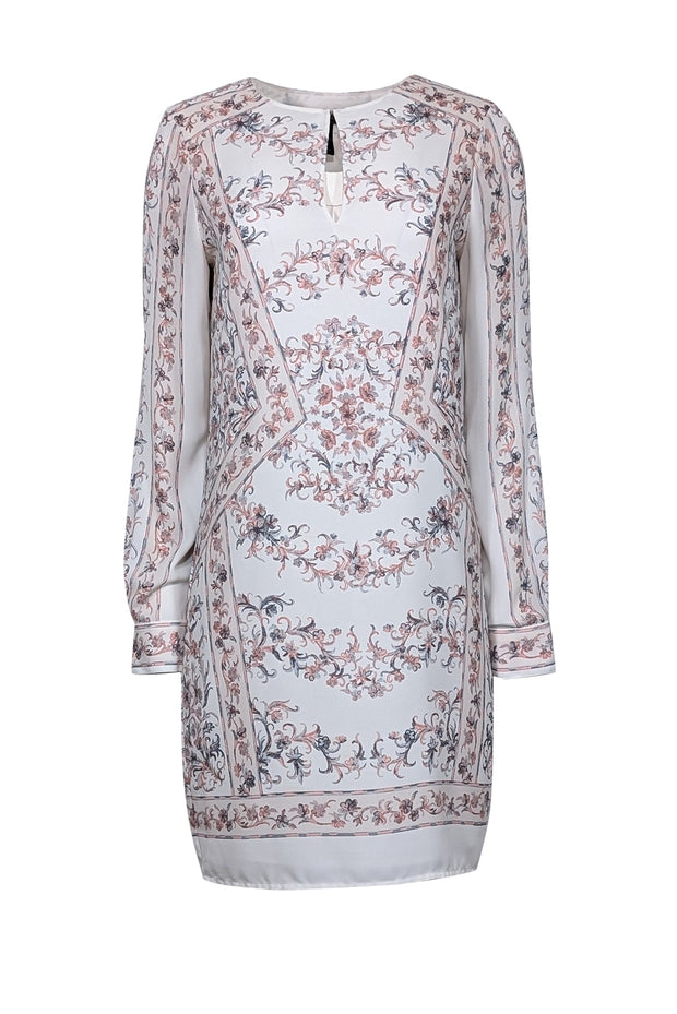 BCBG Max Azria - White Long Sleeve w/ Pink & Grey Floral Print Dress S BCBG Max Azria - White Long Sleeve w/ Pink & Grey Floral Print Dress S