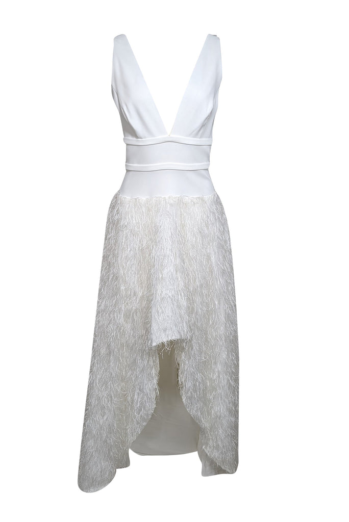 BCBG Max Azria - White Sleeveless w/ Metallic Fringe High Low Formal Dress  Sz 8