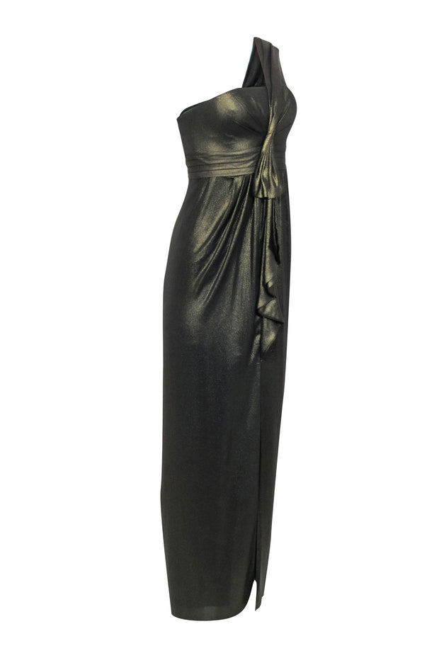 BCBG Max Azria - Metallic Gold One Shoulder Gown w/ Front Slit Sz 2 BCBG Max Azria - Metallic Gold One Shoulder Gown w/ Front Slit Sz 2