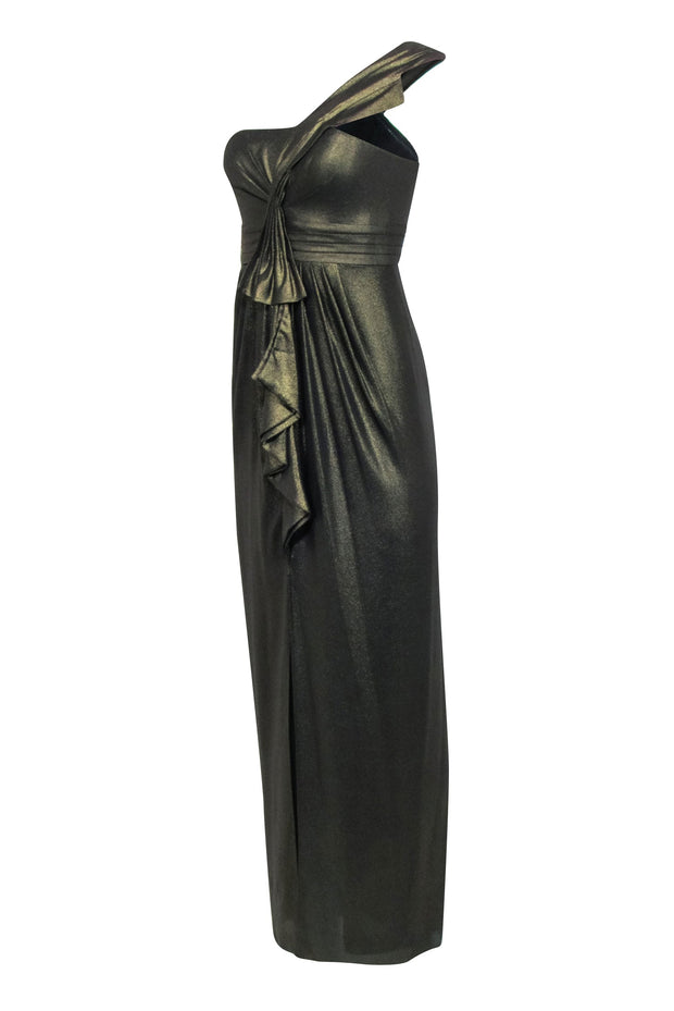 BCBG Max Azria - Metallic Gold One Shoulder Gown w/ Front Slit Sz 2 BCBG Max Azria - Metallic Gold One Shoulder Gown w/ Front Slit Sz 2