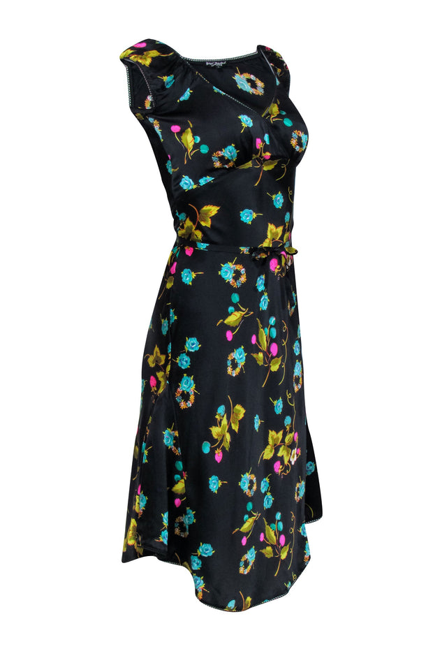 Betsy Johnson - Black w/ Pink & Green Floral Fruit Print Silk Dress Sz Betsy Johnson - Black w/ Pink & Green Floral Fruit Print Silk Dress Sz