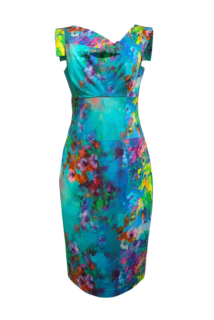 black halo green dress Black Halo sleeveless floral cocktail dress w/ big ruffle