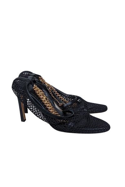 Current Boutique-Bottega Veneta - Black Mesh Detail Heel w/ Chain Strap Sz 9