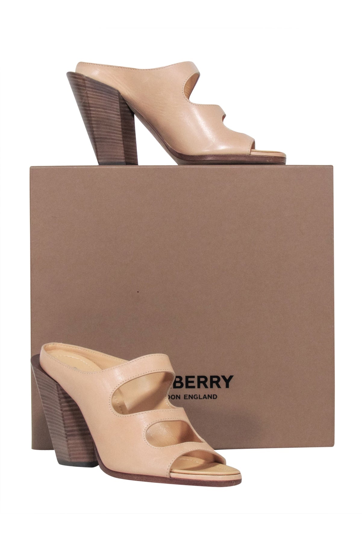Current Boutique-Burberry - Beige Leather Open Toe "Kiersten" Mule Heels Sz 8.5