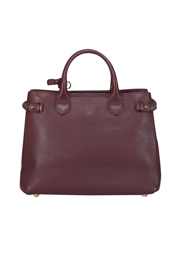 Burberry Maroon House Check Leather Banner Medium Satchel Bag