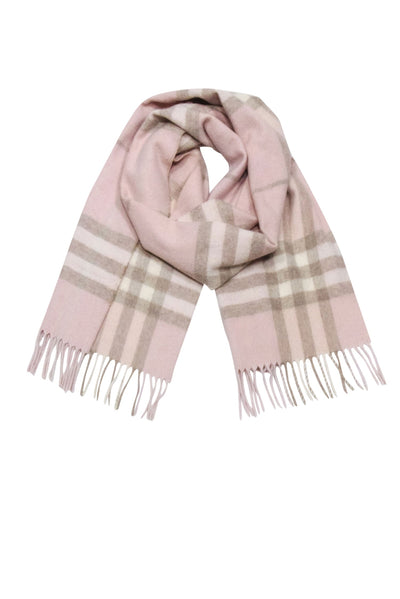 Current Boutique-Burberry - Blush, Beige & Cream Plaid Fringe Hem Cashmere Scarf