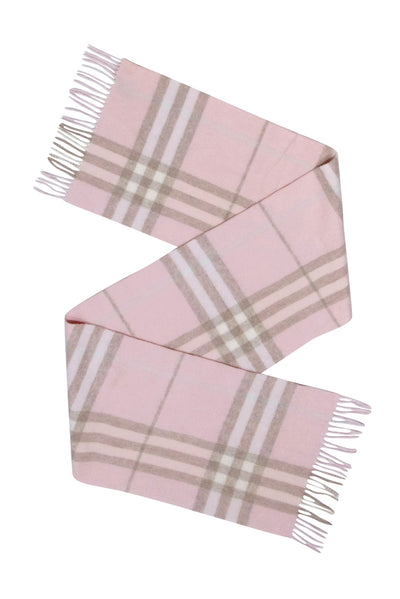 Current Boutique-Burberry - Blush, Beige & Cream Plaid Fringe Hem Cashmere Scarf