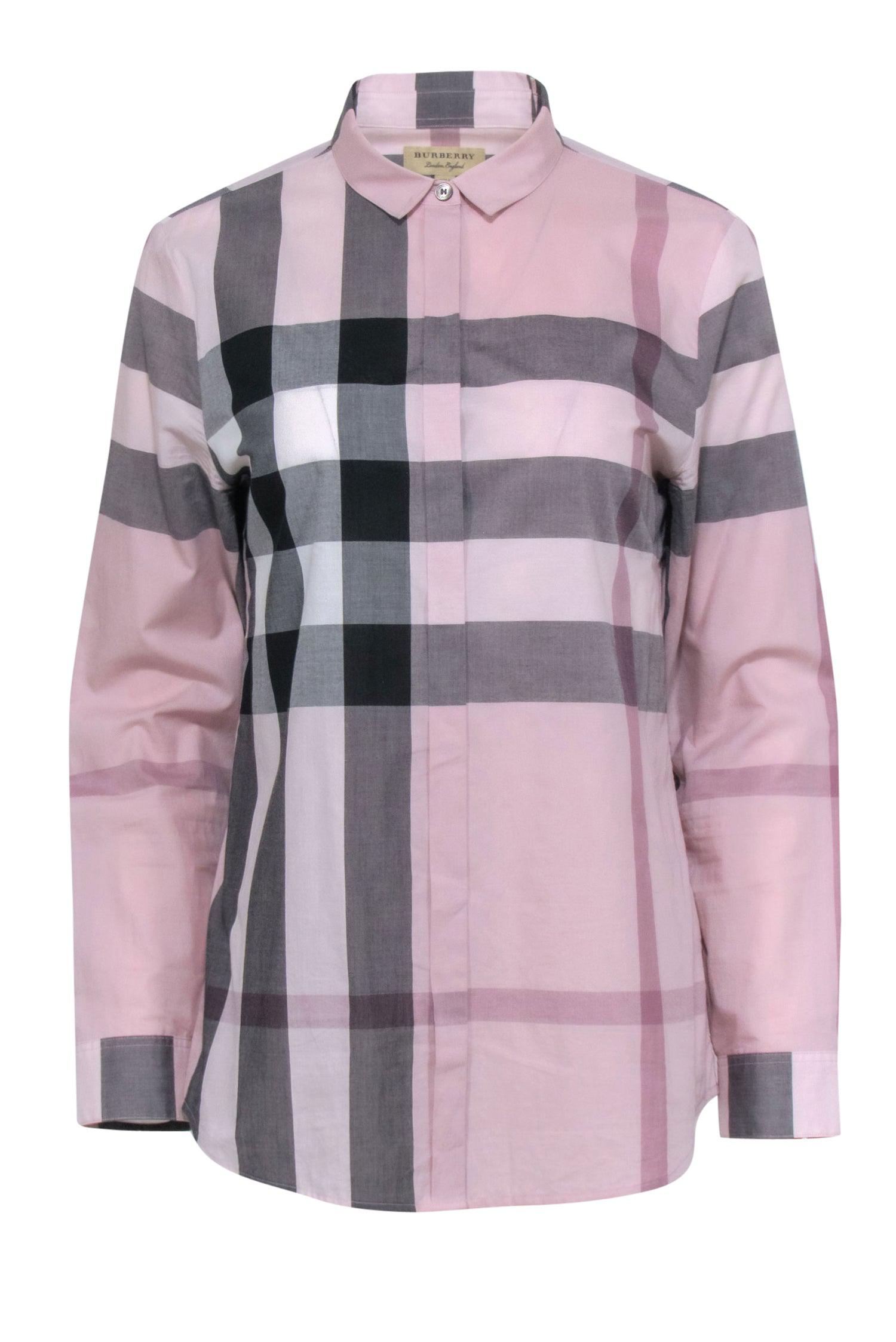Burberry Pink Black Plaid Button Down Shirt Sz M Current