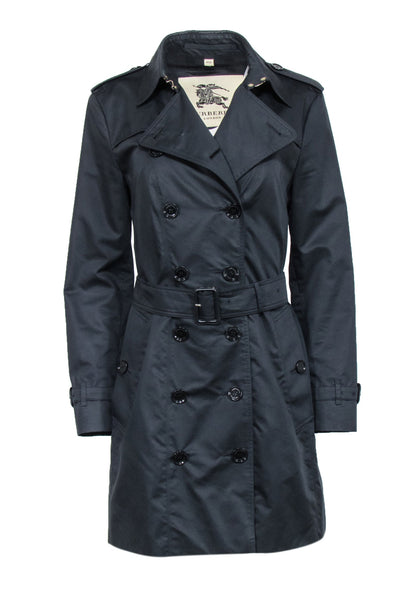 Current Boutique-Burberry - Black Cotton Blend Double Breasted Button Trench Coat Sz 10
